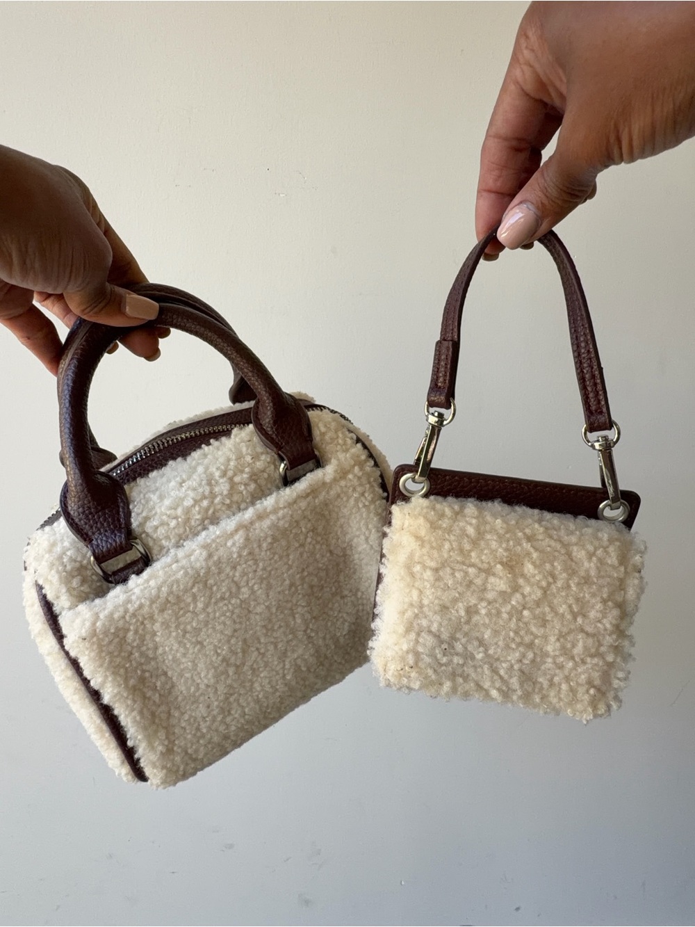 Cozy Cream Sherpa Mini Tote Brown Trim with Matching Wallet